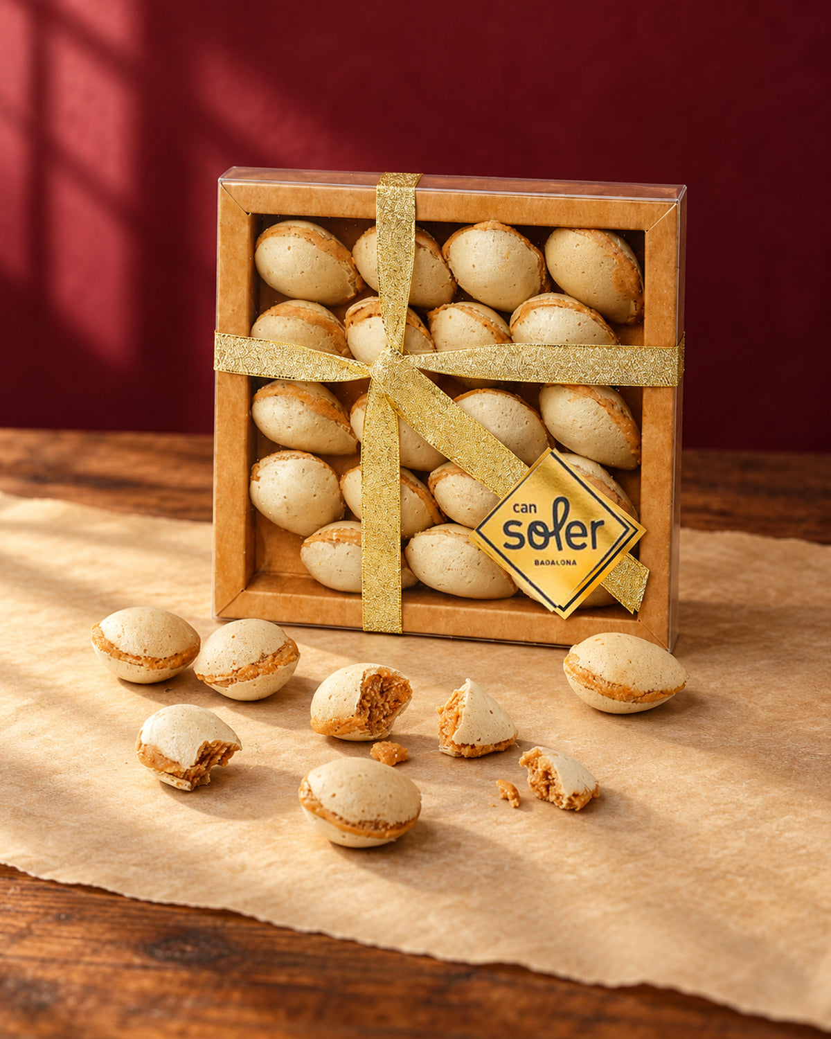 Almendras rellenas de Can Soler en caja con tapa transparente y lazo dorado, con piezas sueltas y algunas partidas que muestran el relleno