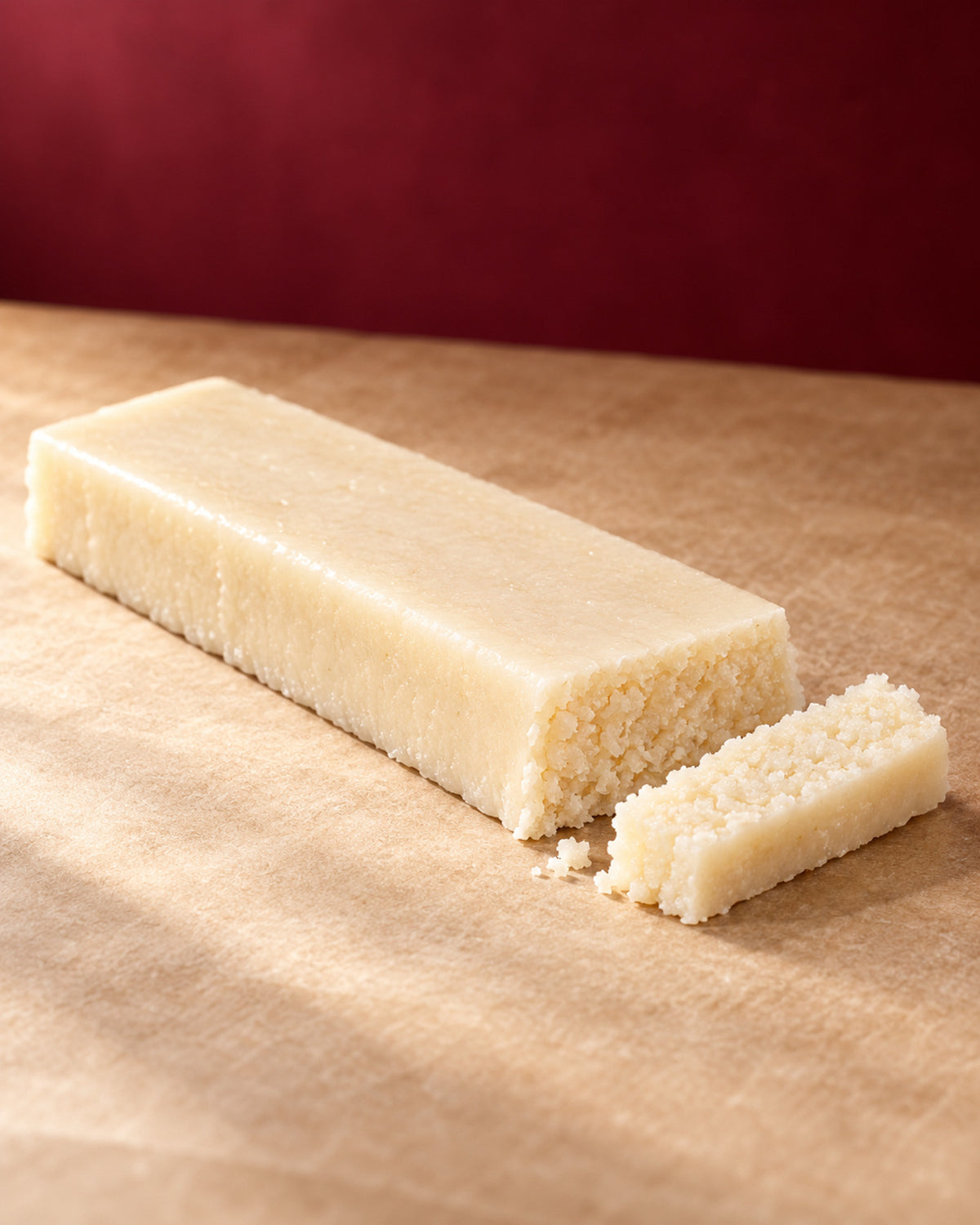 Barra de turrón de coco de Can Soler con una porción cortada al lado que deja ver su interior de coco rallado