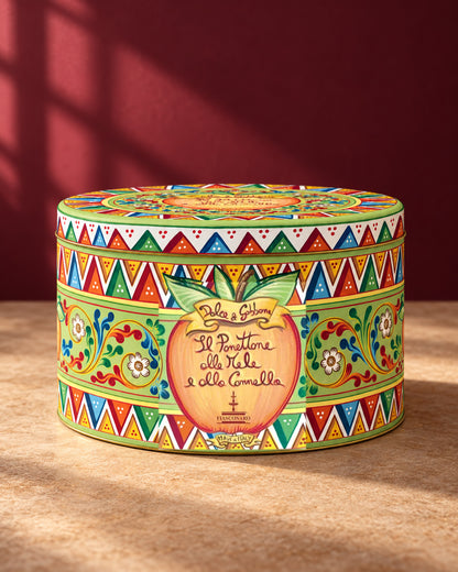 Lata redonda decorada con motivos de colores del panettone Fiasconaro edición Dolce&Gabbana de manzana y canela