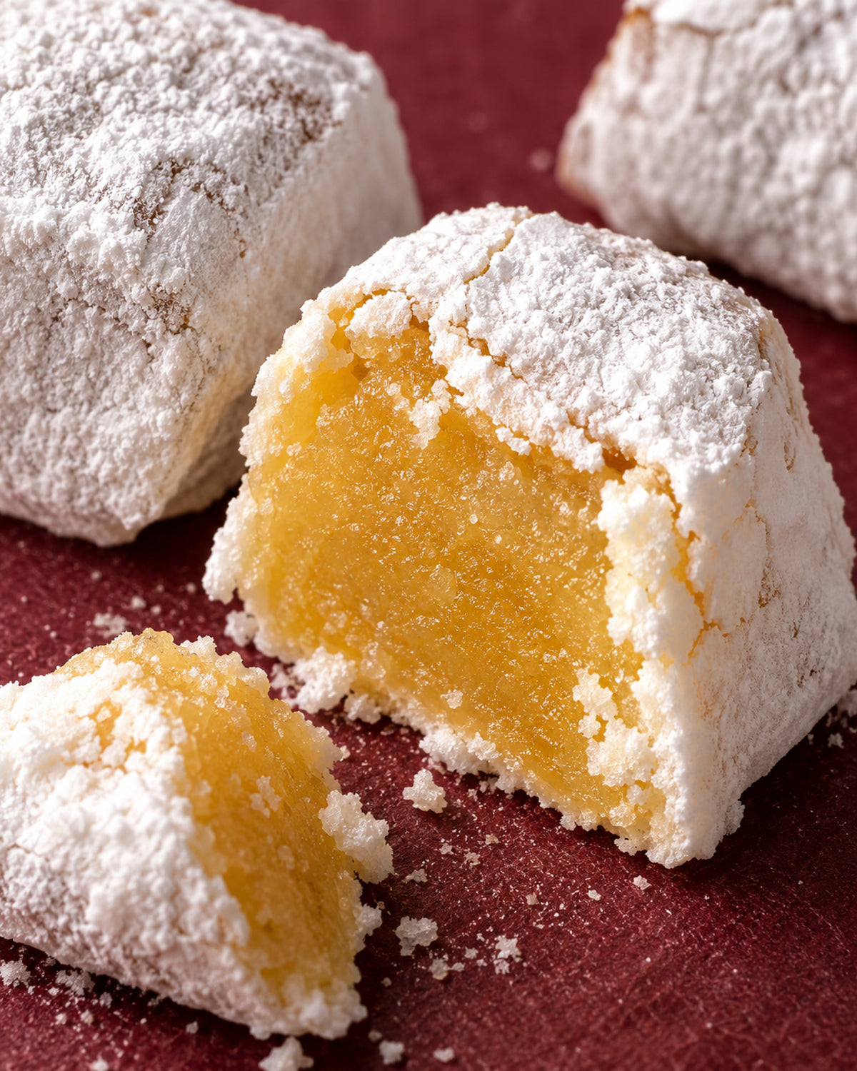 Primer plano de la textura de los pastelitos de mazapán de gloria de Can Soler, cubiertos de azúcar y con relleno amarillo