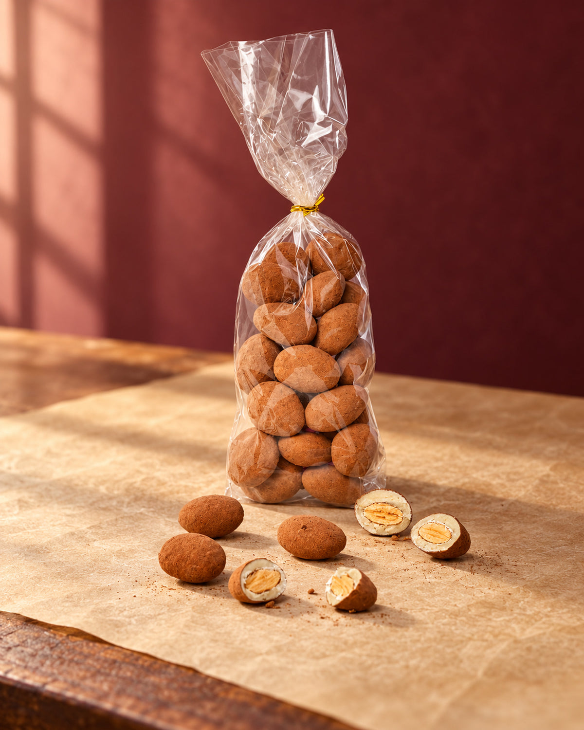 Almendras al cacao de Can Soler en bolsa transparente atada, con almendras sueltas y algunas partidas delante