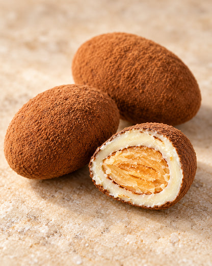 Primer plano de la textura de las almendras al cacao de Can Soler, con una partida que muestra la almendra y su cobertura