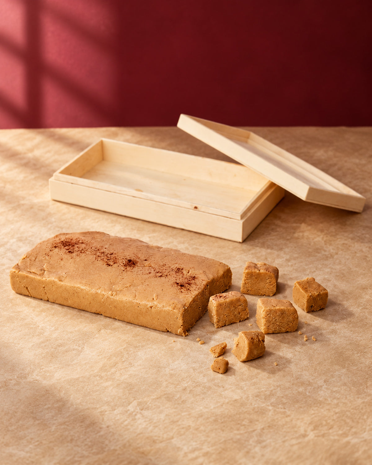 Turrón de Jijona a la piedra D.O. Jijona de Can Soler: bloque espolvoreado con canela, trozos cortados y su caja de madera